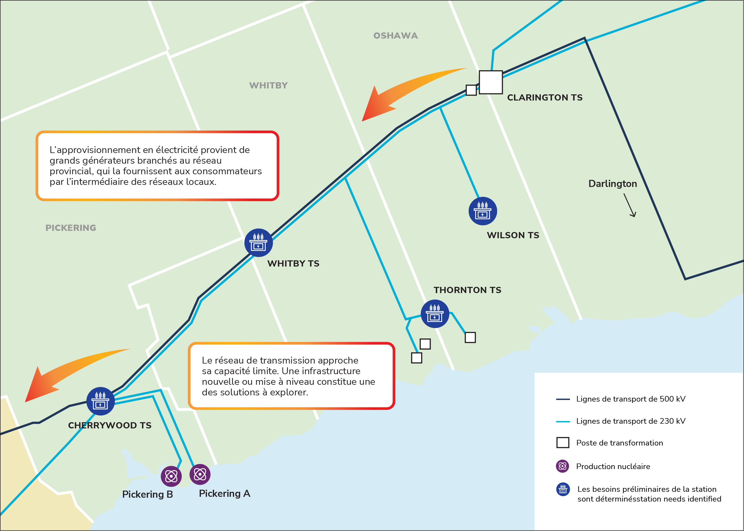 La carte présente les stations de transmission et les travaux de rénovation et d'agrandissement en cours